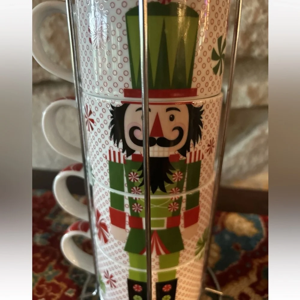 Pier 1 Christmas Nutcracker Stacking Mug Set‎ Of 4 Chrome Stand Coffee Hot Choc.